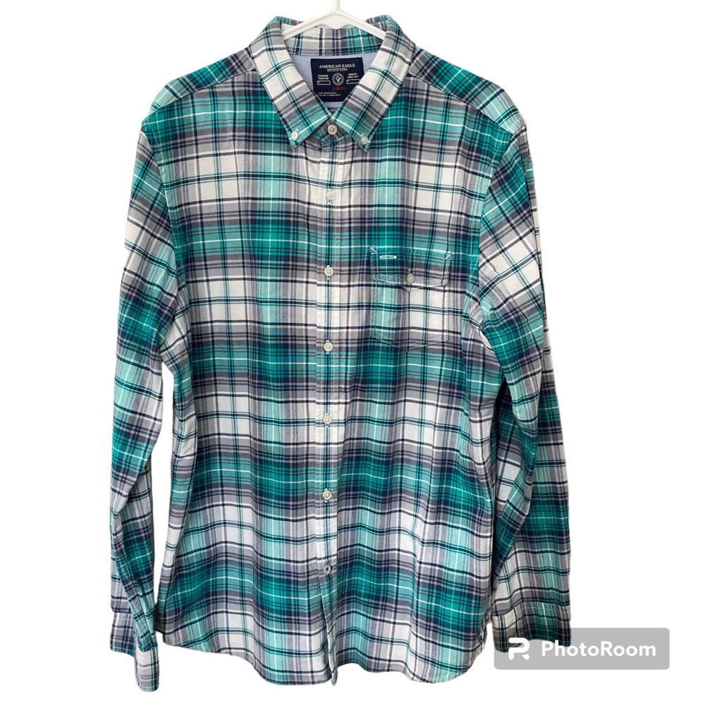 American Eagle Men’s XL turquoise blue plaid cotton slim fit button down shirt